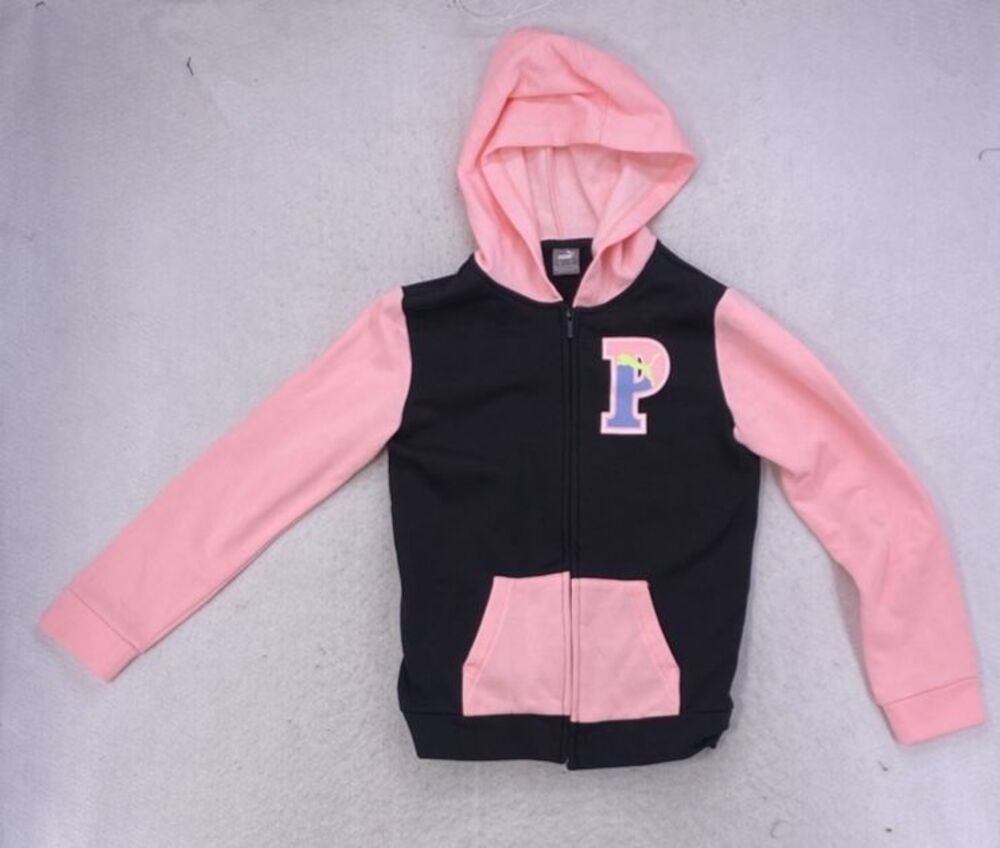 Puma Girls XL Full Zip Varsity Logo Colorblock Hoodie Pink Black
